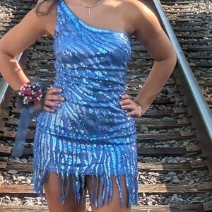 Blue Sequin One-Shoulder Dress